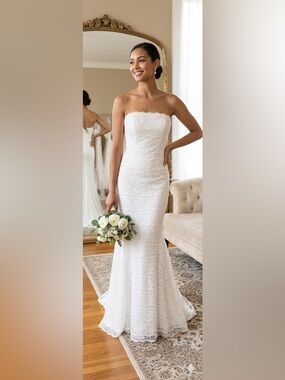 Galina Strapless Ivory White Lace Beaded Wedding Gown Size 8